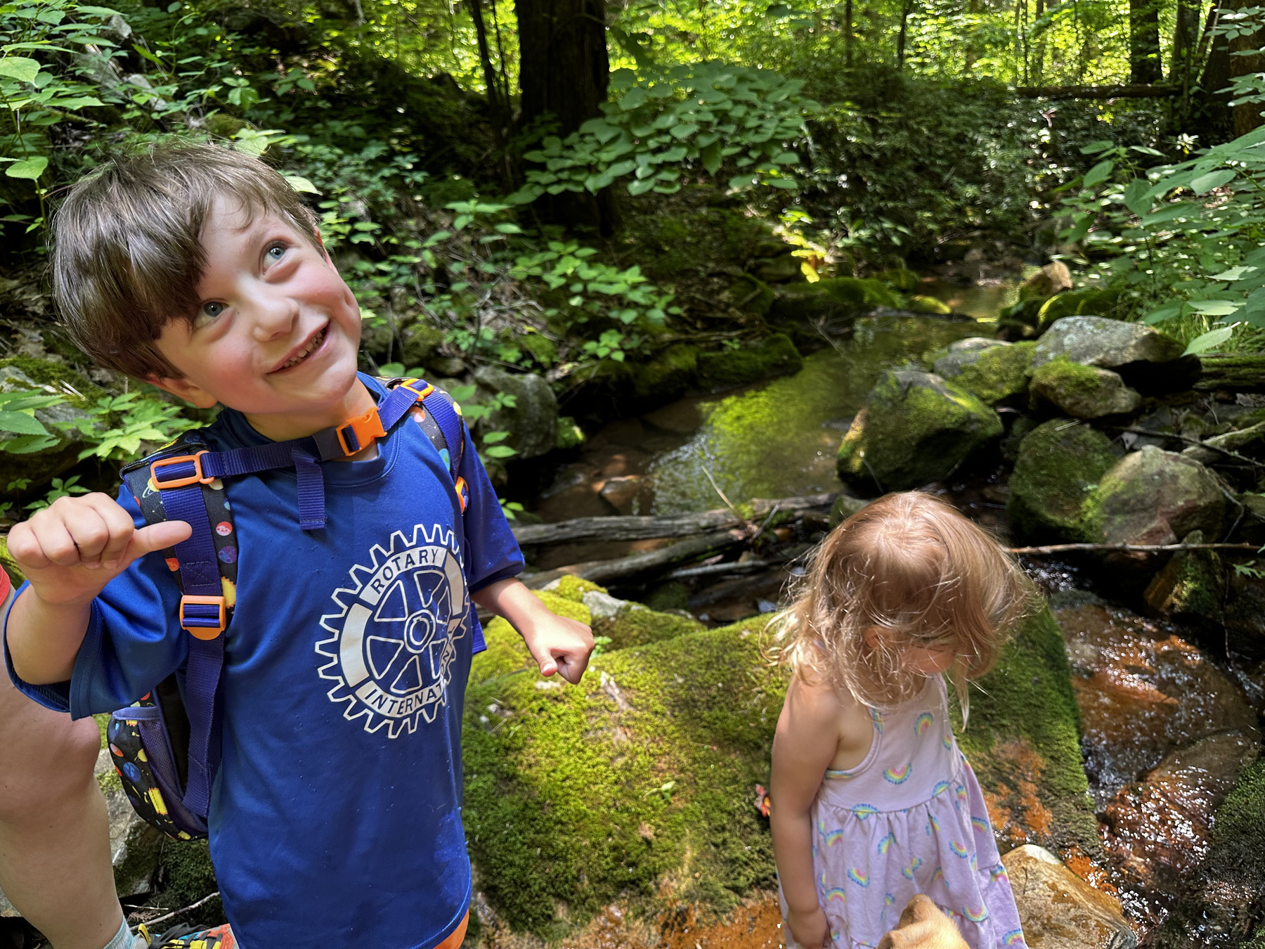 A young boy with a backpack strikes a silly pose for the camera;  a young girl steps over rocks near a mountain stream. Moss and trees and plants up the background. 