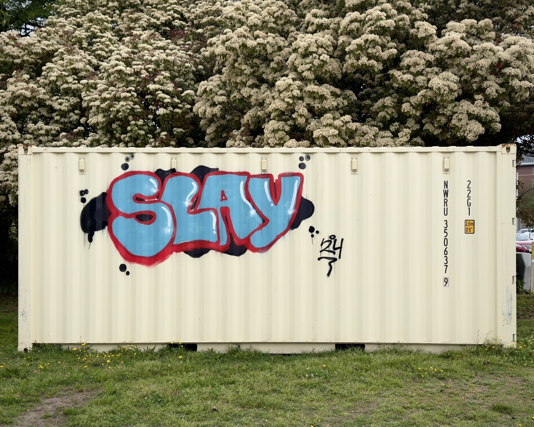 A shipping container with the word “slay” graffiti’d on the side