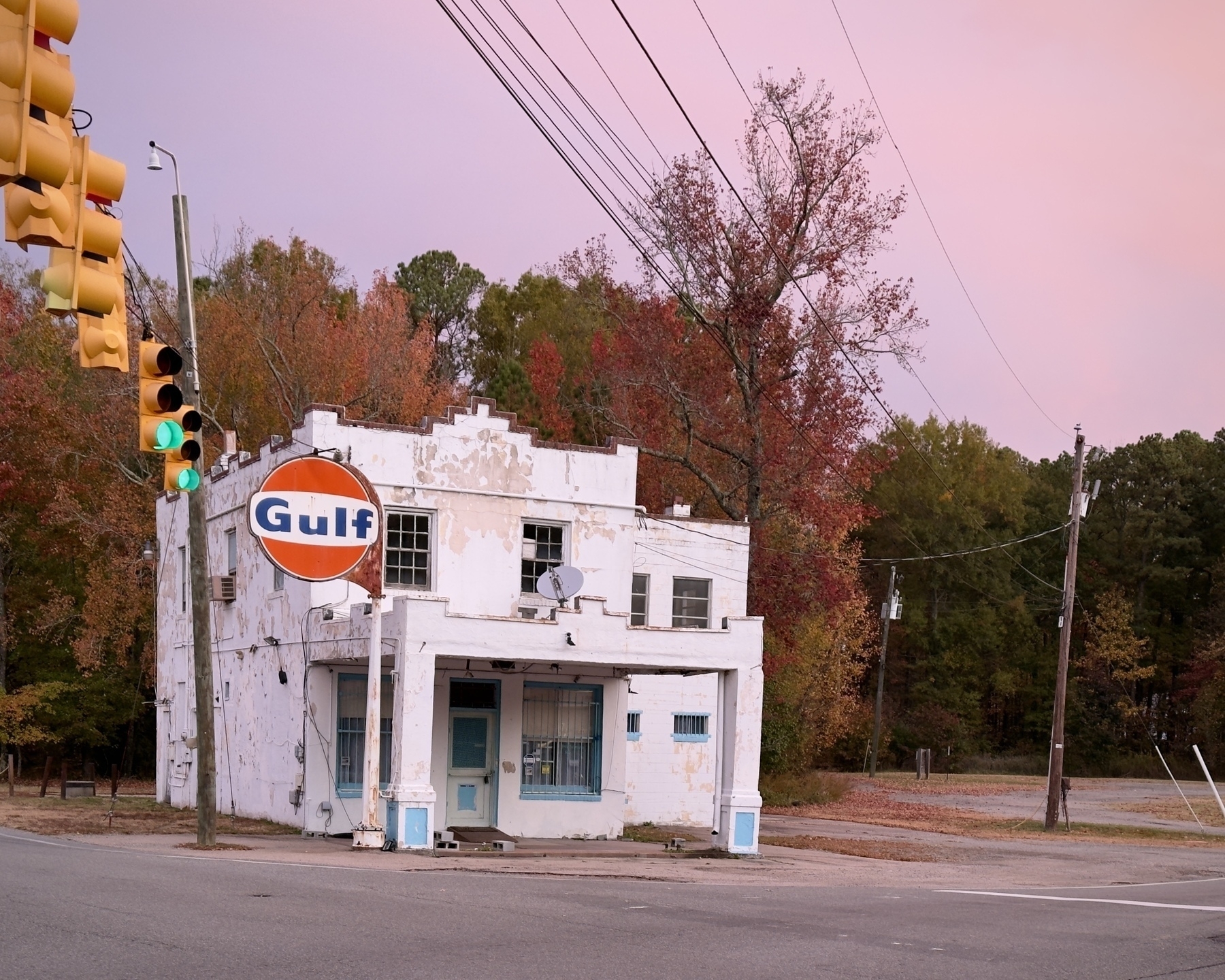 Old Gulf gas station just after dawn near Glen Allen, VA