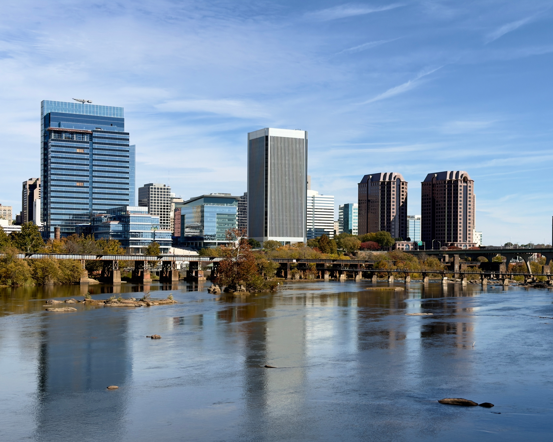 Richmond city skyline reflected in the James River