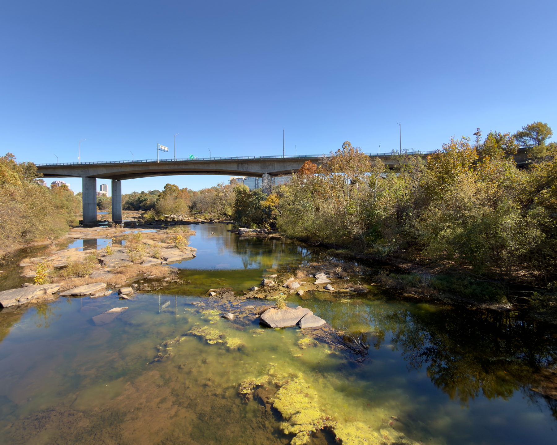 Rock-choked south side of the James River around Belle Isle with thick algae growth just below the still surface of the water.