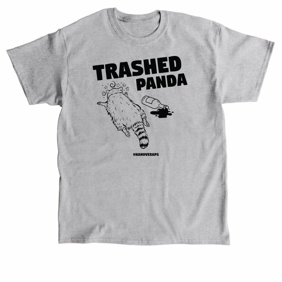 t-shirt with text "trashed panda" and a line drawing of a drunk, splooting racoon next to a spilled liquor bottle