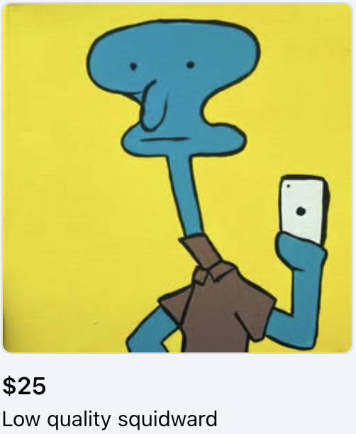 painting on canvas of Squidward holding what looks like a smartphone