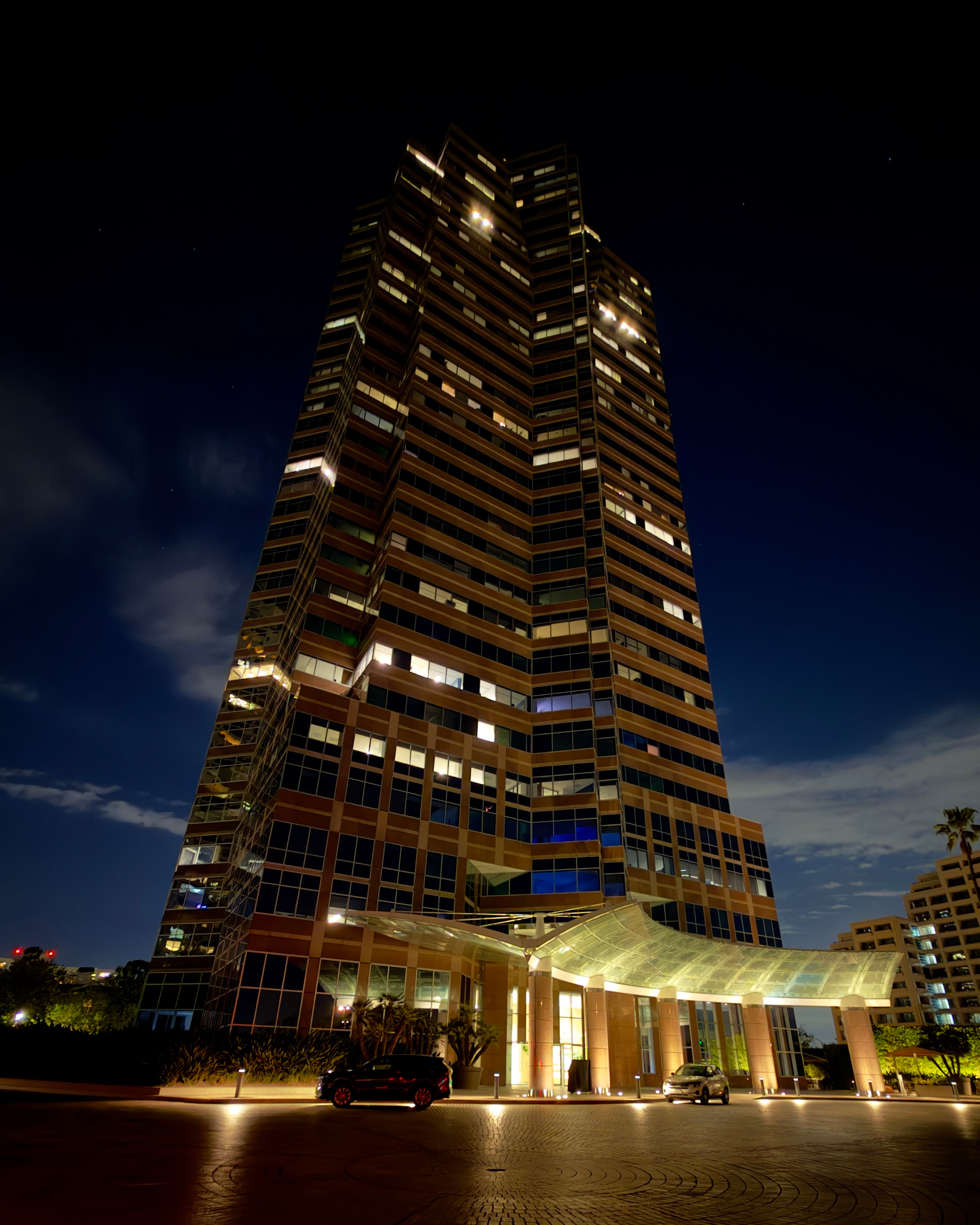 2121 Avenue of the Stars building at night, famously used as Nakatomi Plaza in the movie _Die Hard_.