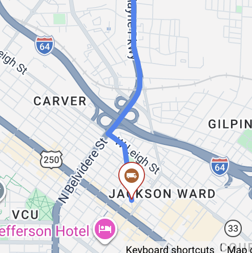 Screenshot of a map of part of Richmond, Virginia with a pin showing the location of a UPS truck and a route to the delivery address
