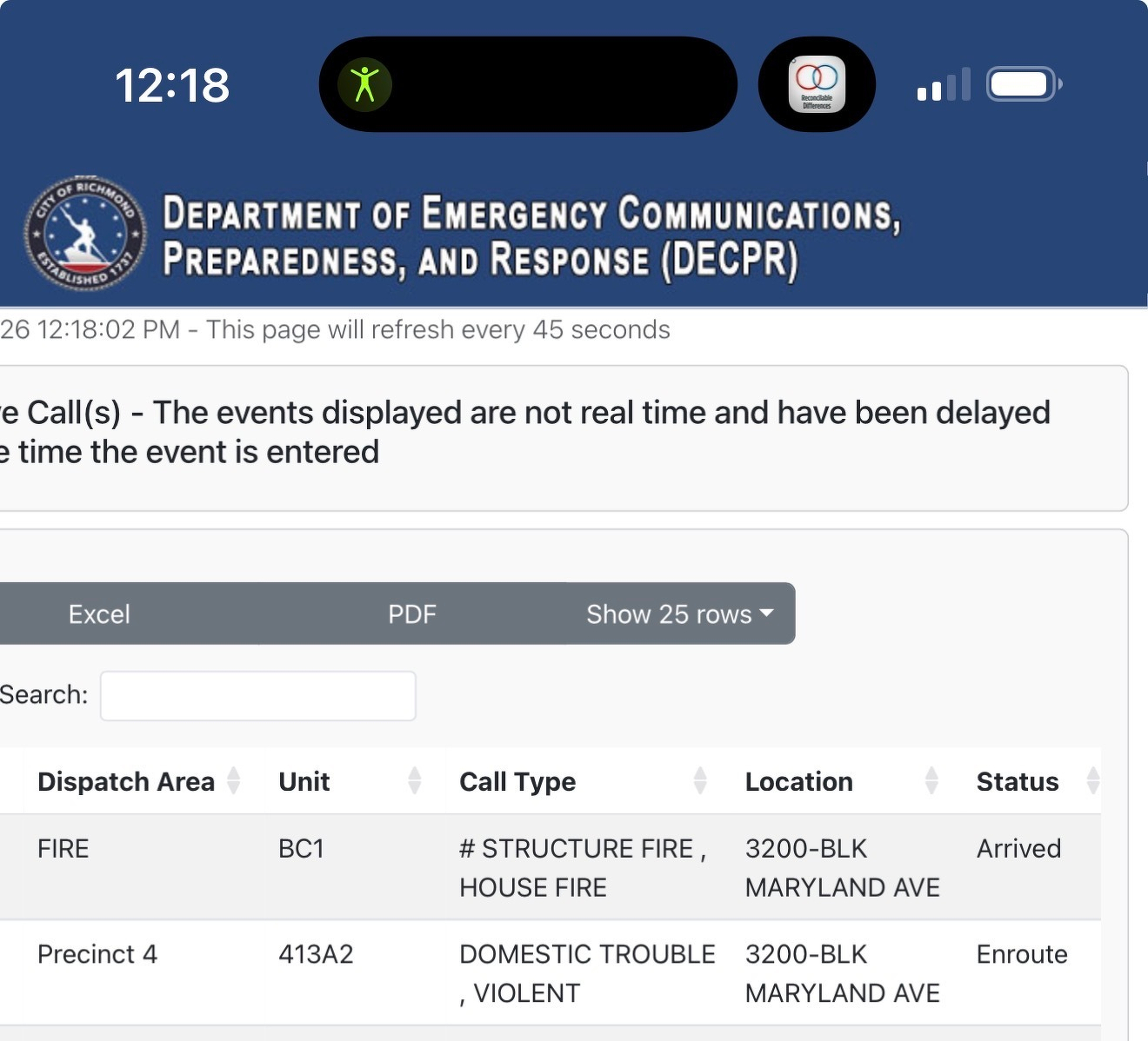 Richmond department of emergency communications website showing first a police response to domestic violence followed closely by fire department response to a house fire at what could be the same location 