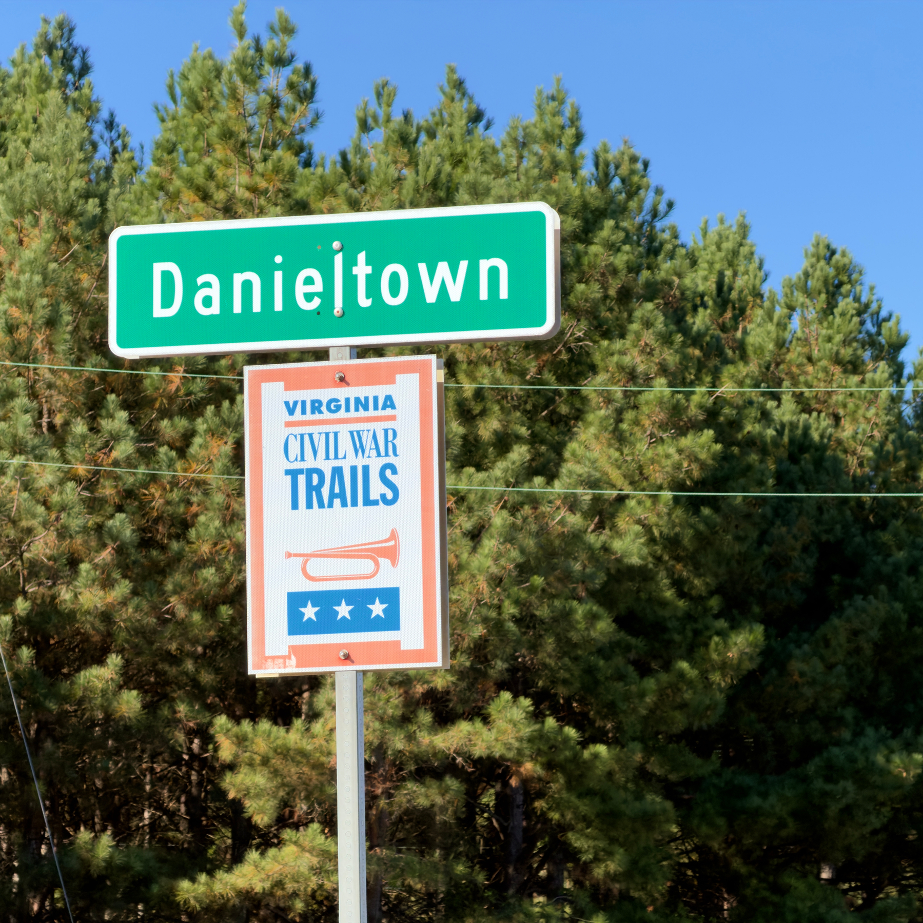 A sign for Danieltown in western Brunswick County, VA. Below that is a sign for Virginia Civil War Trails