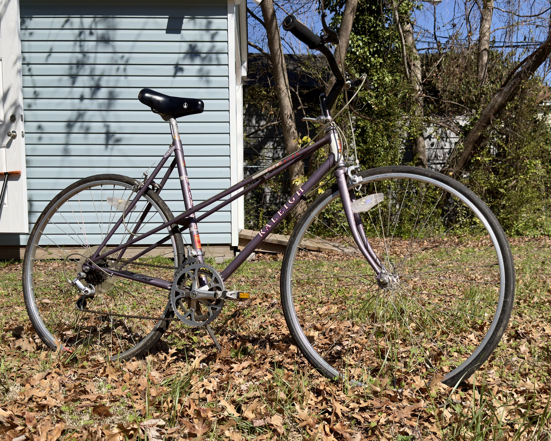 1986 Raleigh Olympian mixte bicycle in my back yard