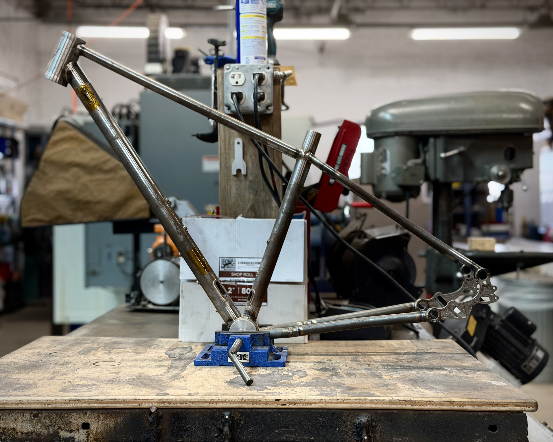 hard tail mountain bike frame on a table