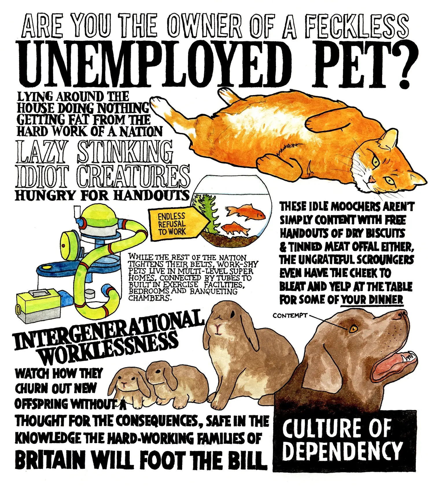 A humourous cartoon titled ARE YOU THE OWNER OF A FECKLESS UNEMPLOYED PET?