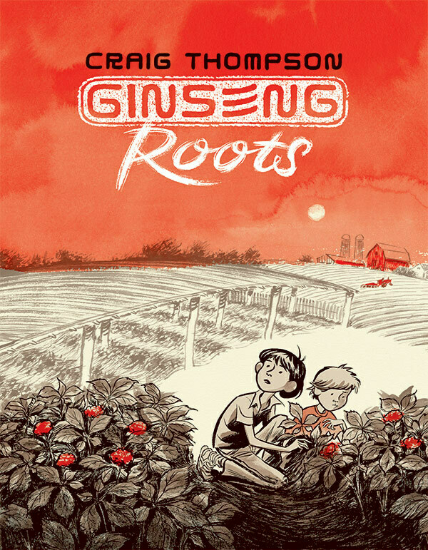 Cover of a comic book titled Ginseng Roots. Two small boys are working in a field.