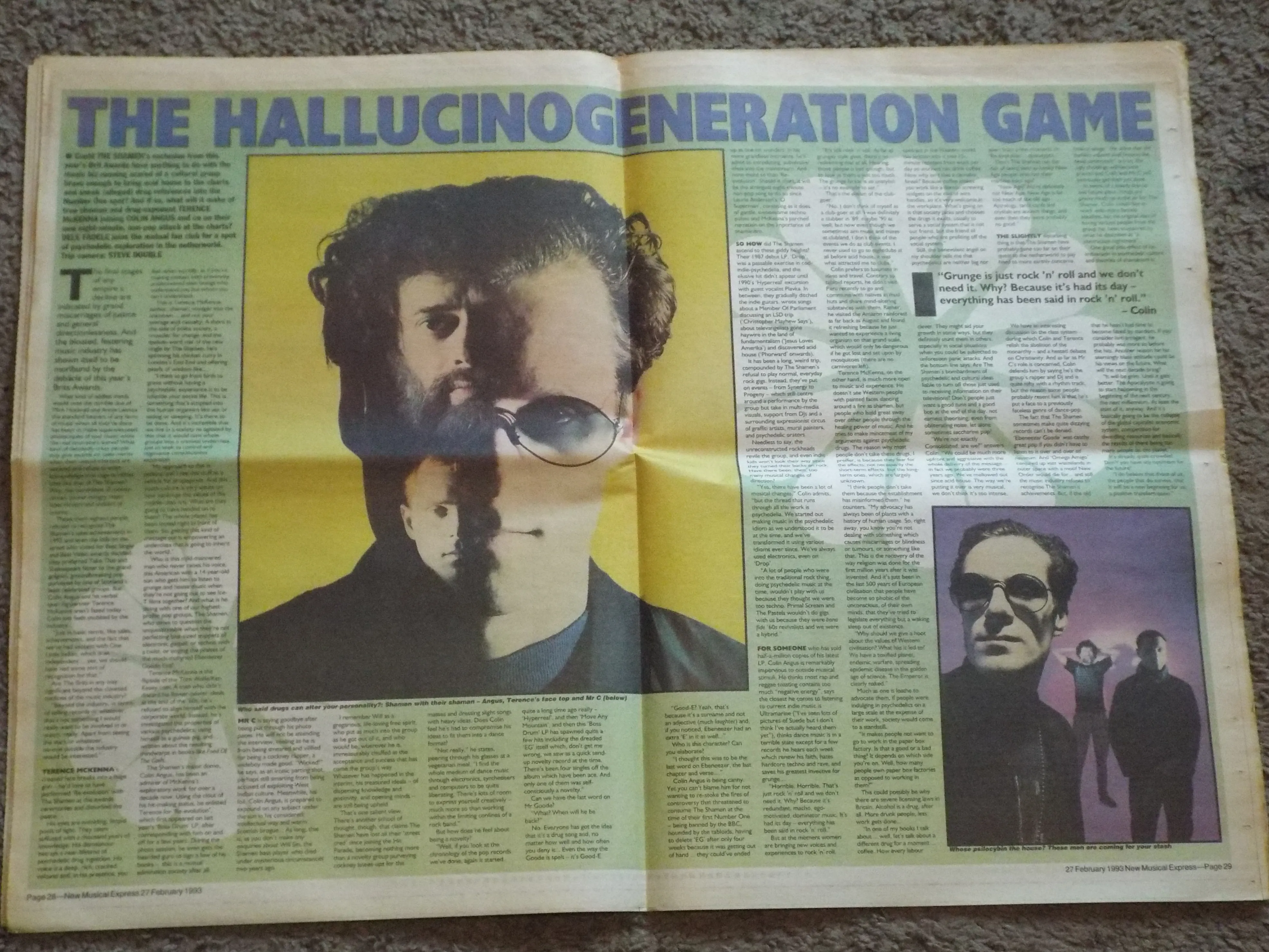 Photograph of a newsprint double spread interview in the NME with The Shamen and Terence McKenna from 1993.