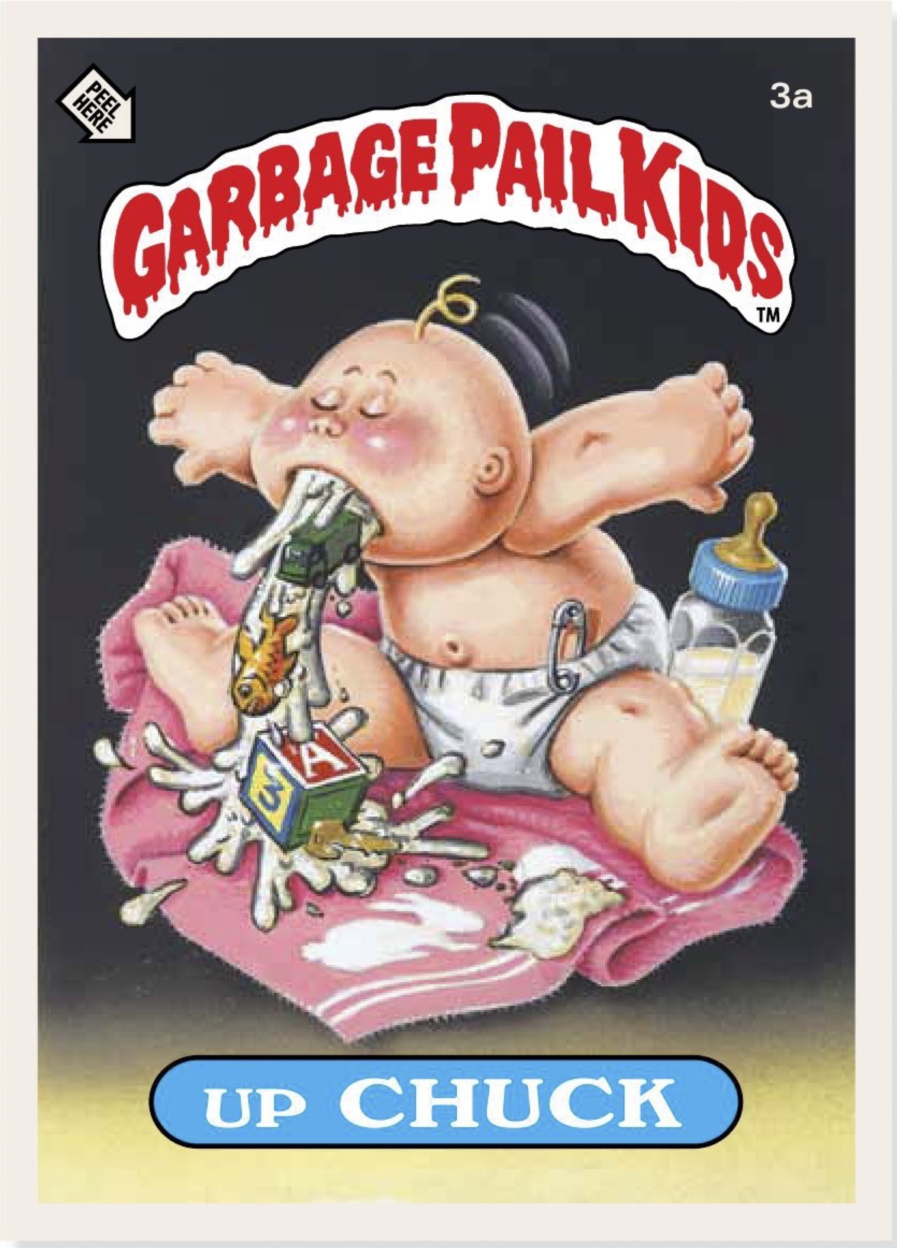 A Garbage Pail Kids trading card. A baby is calmly throwing up various toys in a vomit of milk. The title of the card is Up Chuck.