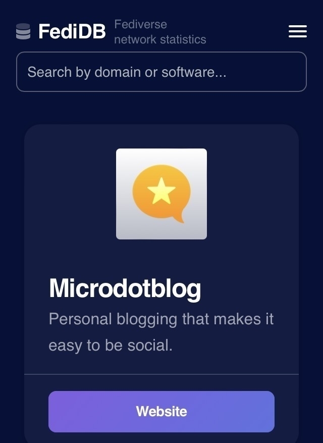 A screenshot of the fedidb website showing the entry for micro.blog where it is listed as microdotblog. 