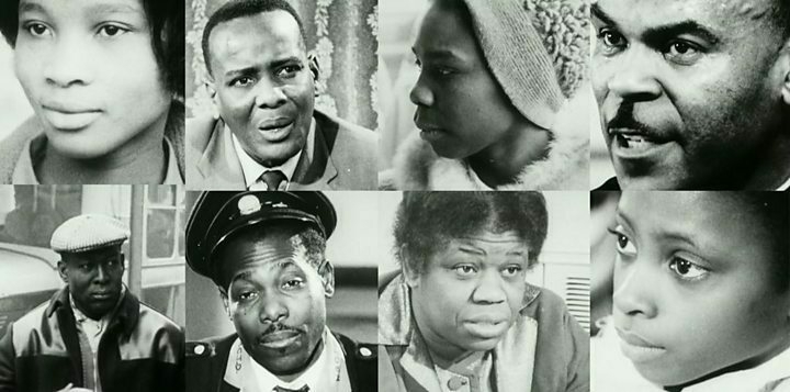 A grid of 8 screenshots from the documentary The Colony - each is the face of a Caribean person living in Birmingham in the 1960s.