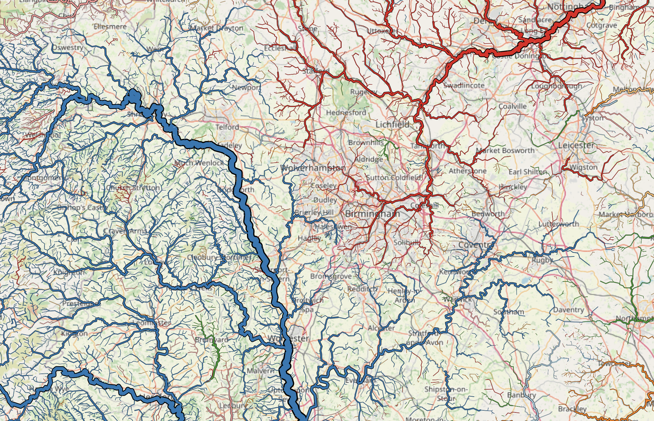 A map of the UK Midlands with Birmingham in the centre. The river network heading south to Bristol is rendered in blue, those going north in red.