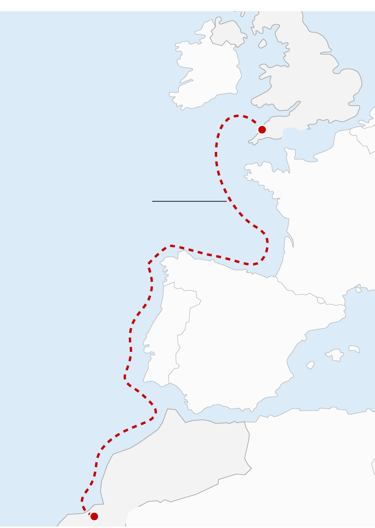 A map of the west coast of Europe and northern Africa with a dotted line running along the coast from Morroco to the UK