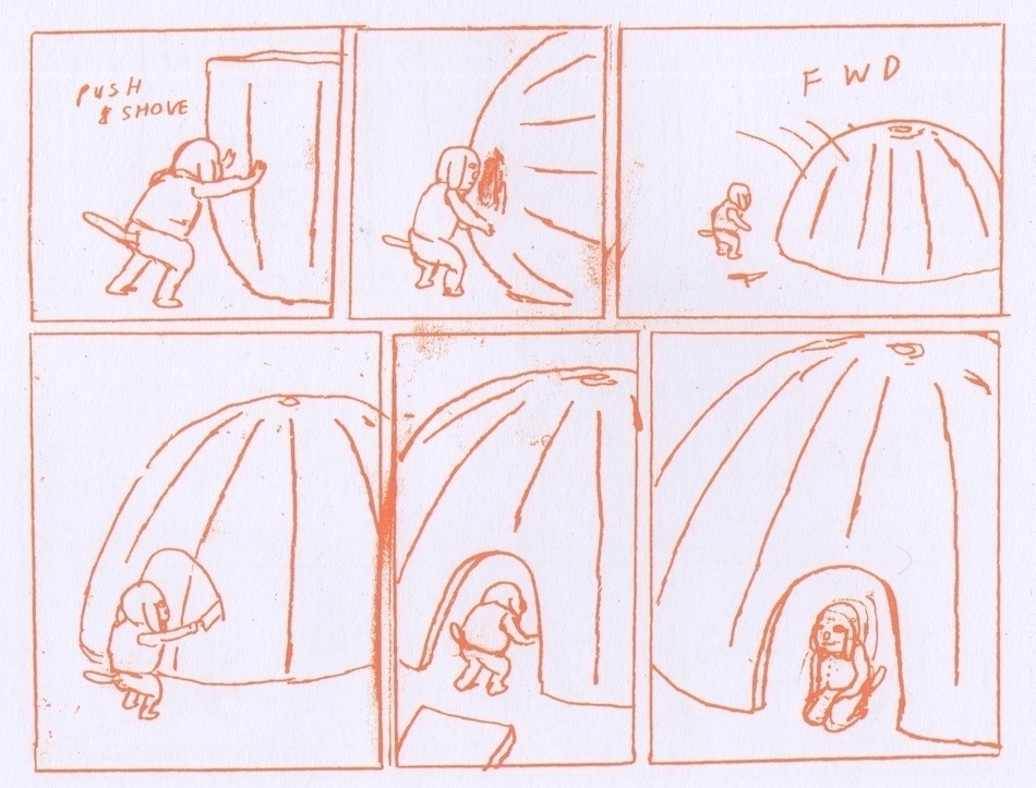 6 panel comic in orange ink. A figure topples over a giant pumpkin and cuts a door shape in one side, then sits in it. I appreciarte this description isn't helping.