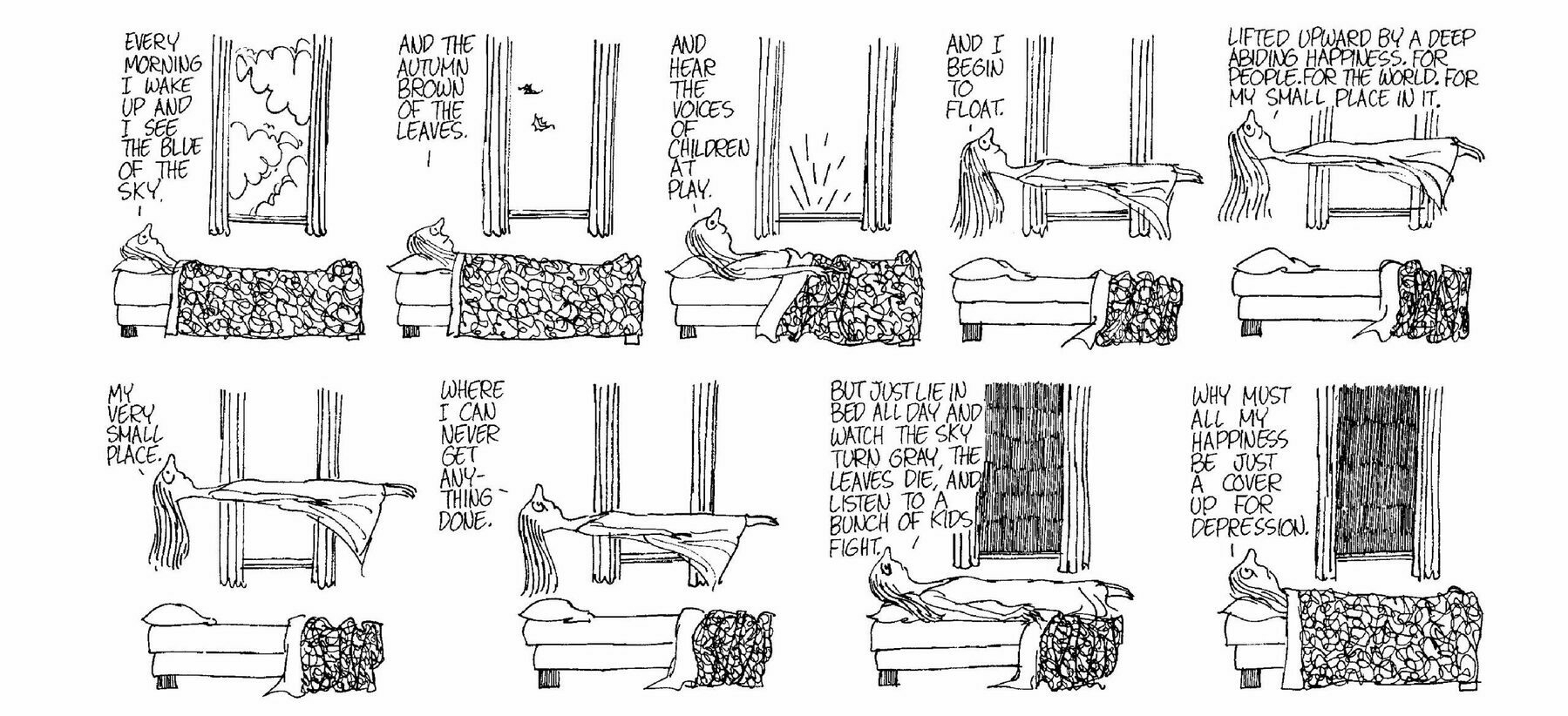 A nine panel comic strip showing a woman rising and falling from bed.