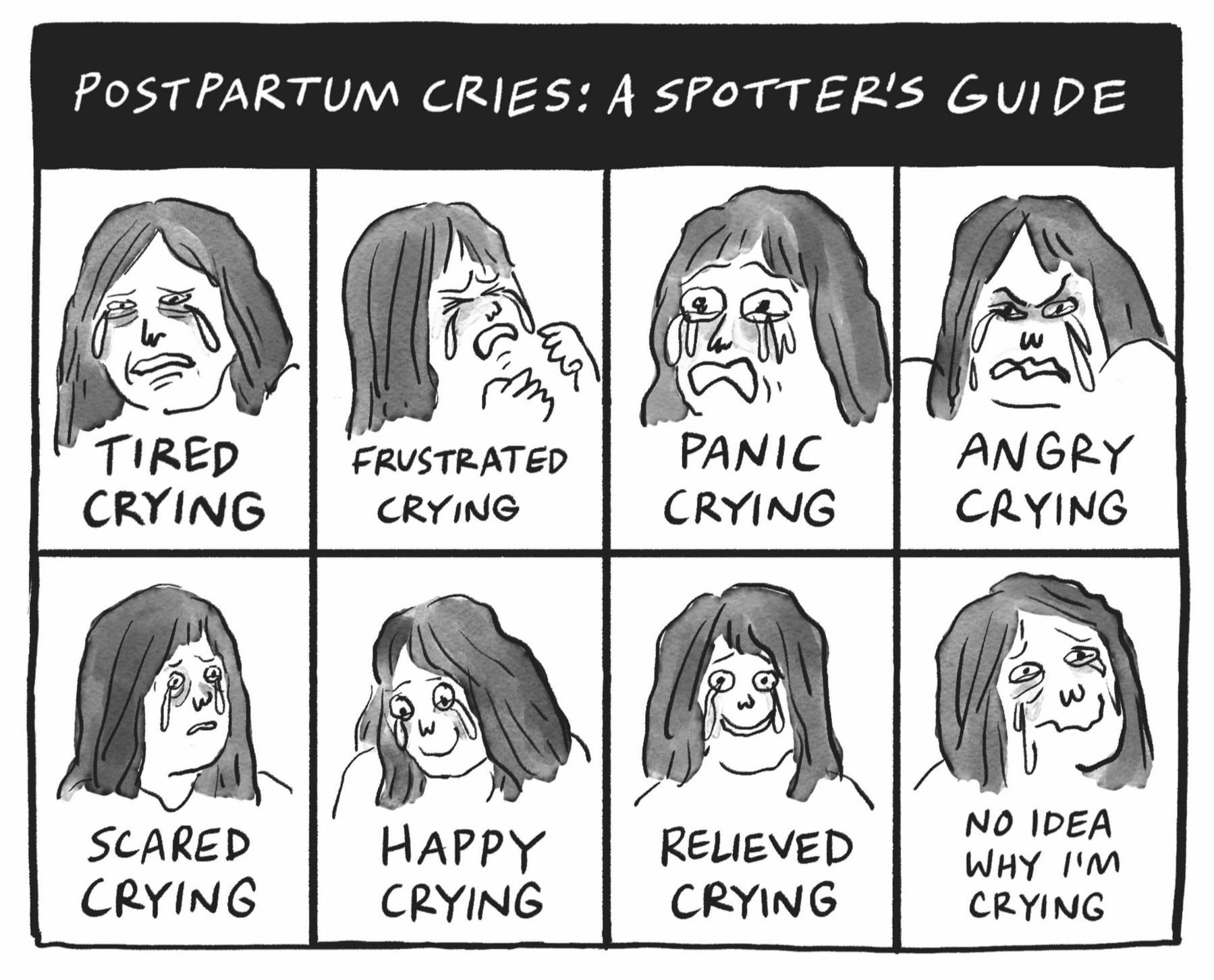 Eight panels showing various forms of crying by a new mother.