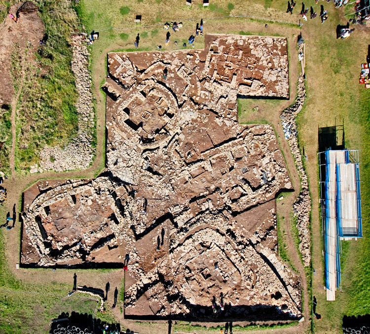 An aerial view of the complex of structures uncovered in Trench P on the Ness.