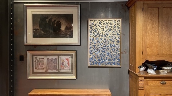 Three paintings - including once in gold and blue with figurative symbols