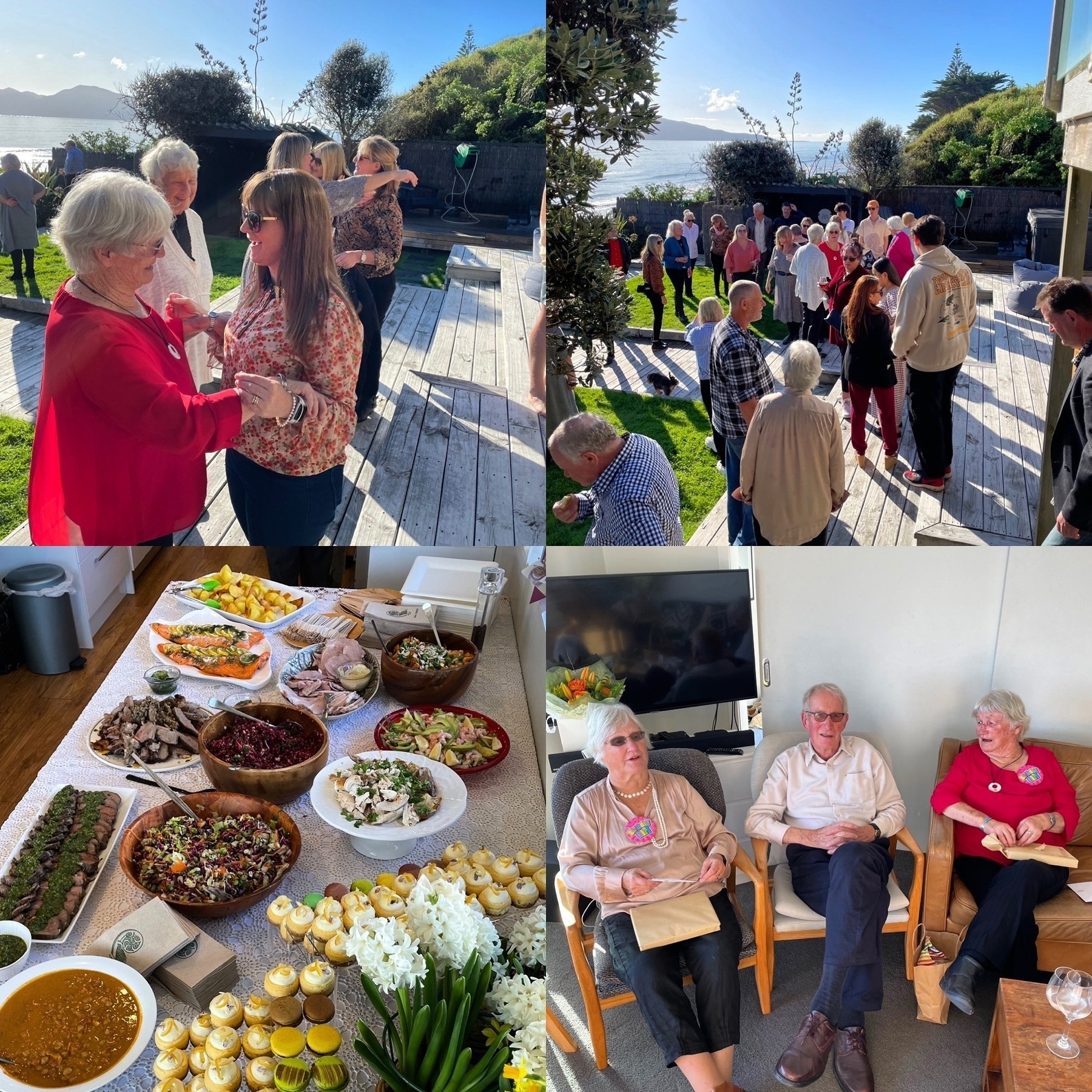 Collage of 80th birthday photos, including many people on a sun seaside deck and garden, a feast of food and the 80 year old twin sisters opening gifts. 