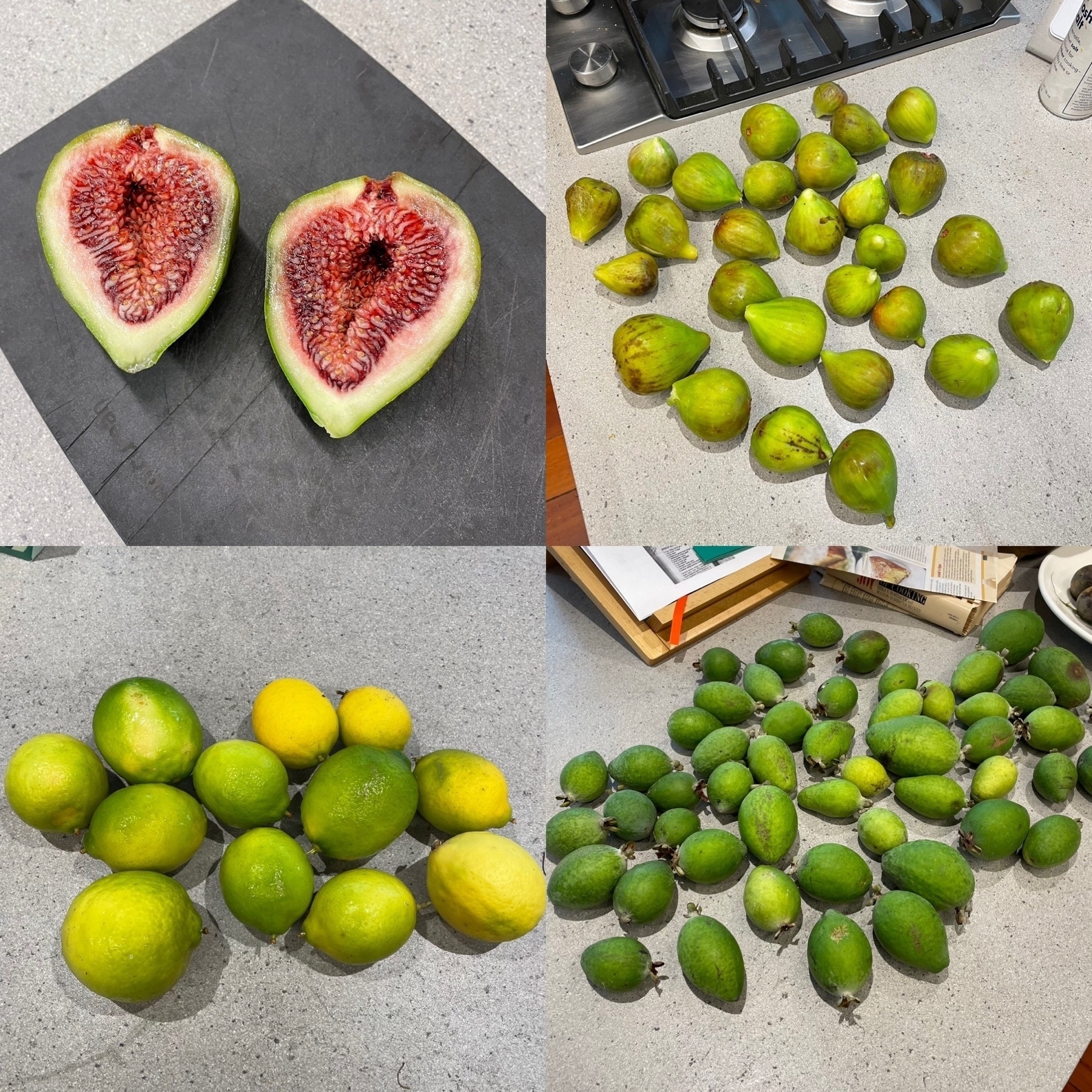Cut red figs, a collection of figs, feijoas and limes