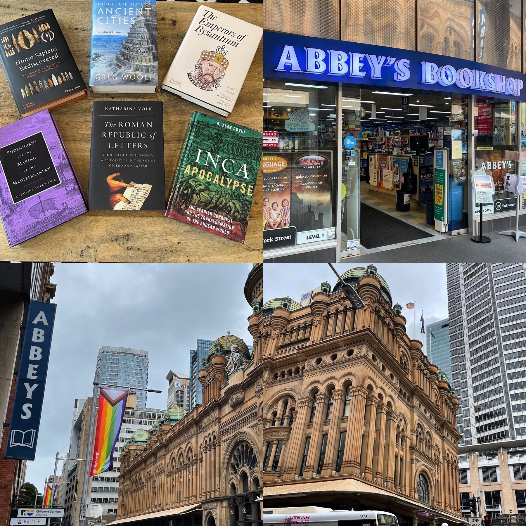 collage showing Abbeys Bookstore and six history books purchased 