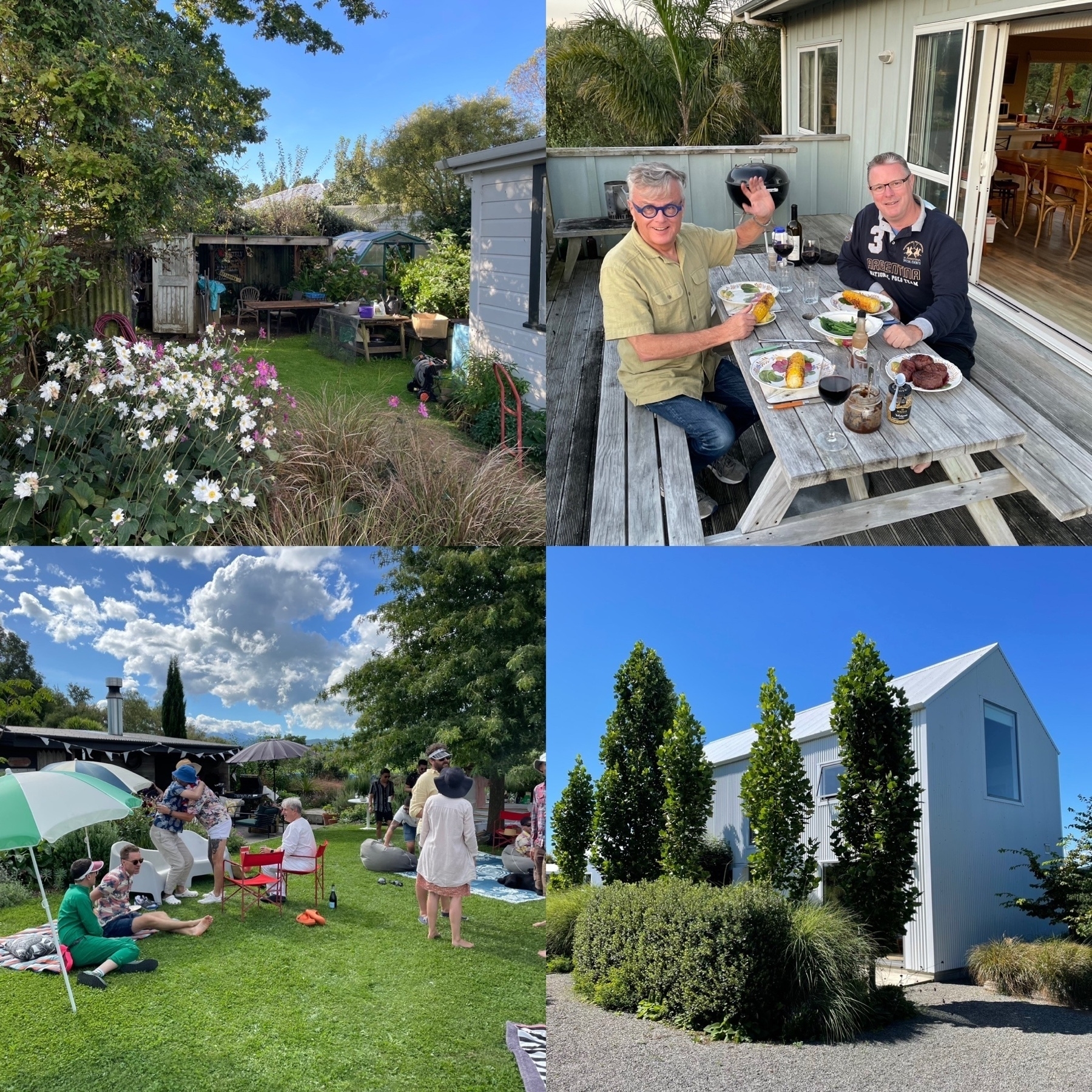 collage showing garden party, white barn with green plantings, country cottage and dinner on a beach house deck