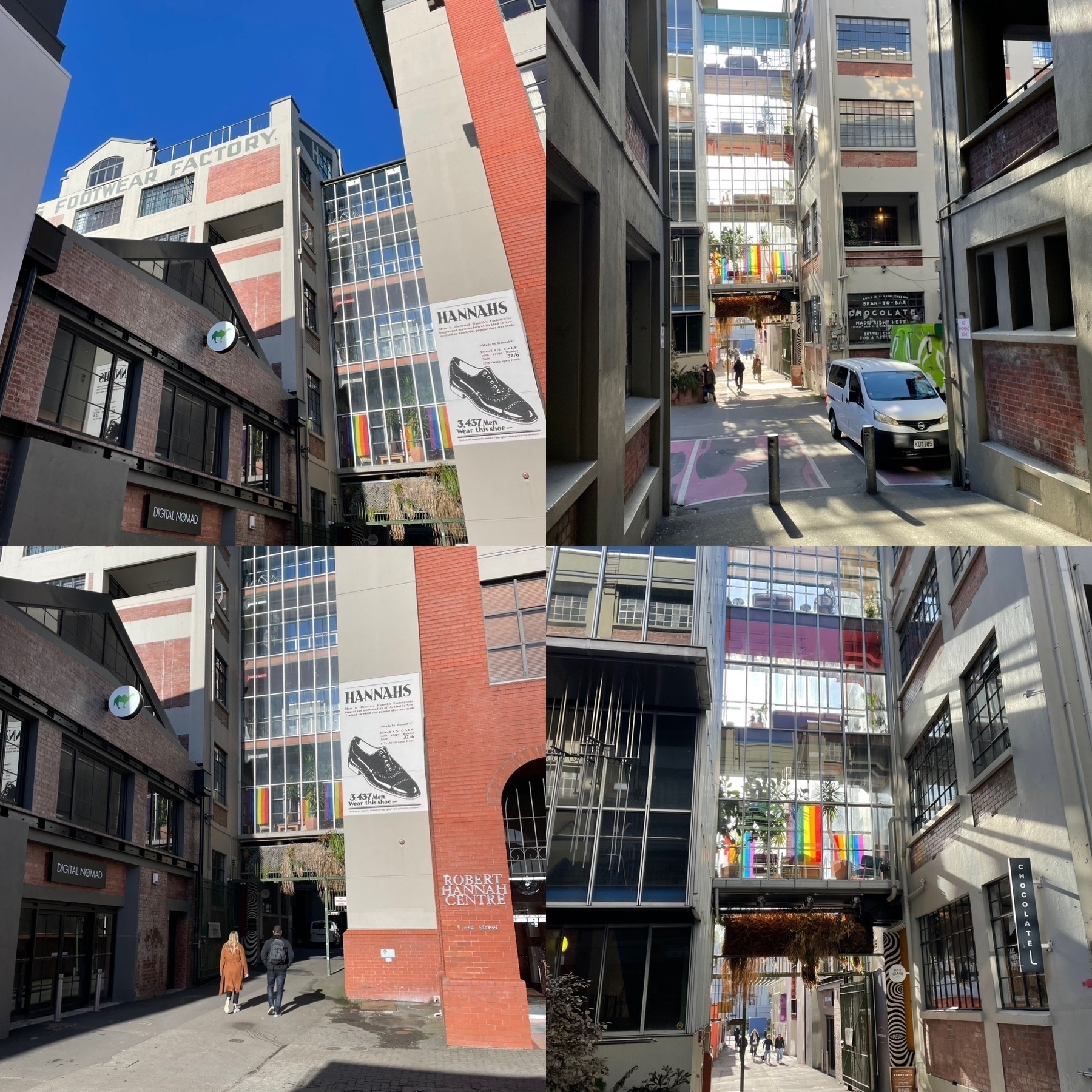 Collage of images of a sunny day on Hannah’s Laneway, including the Rainbow Bridge 🌈