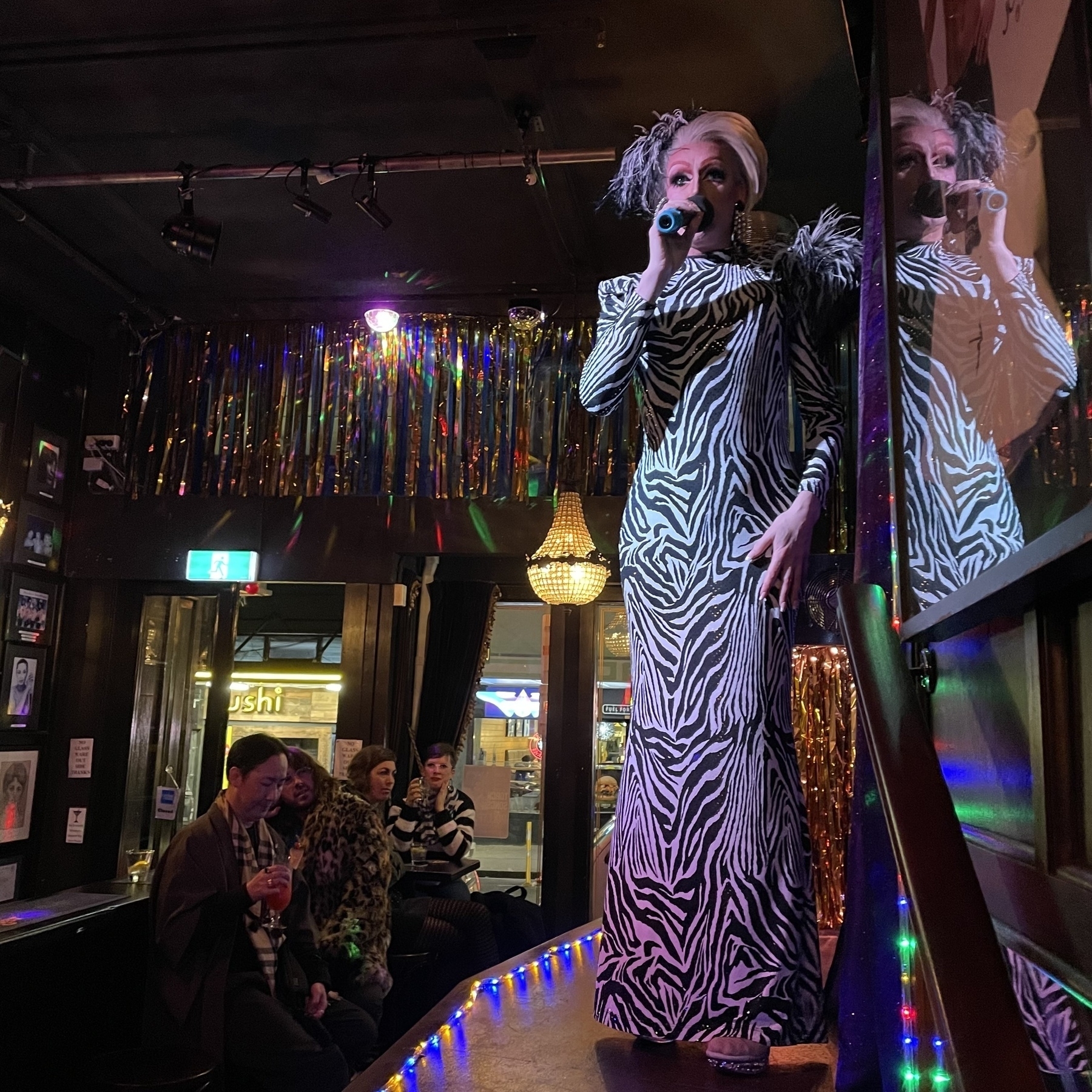 A drag queen in a swirling zebra pattern dress in sultry lighting on stage at S&Ms bar in Wellington 