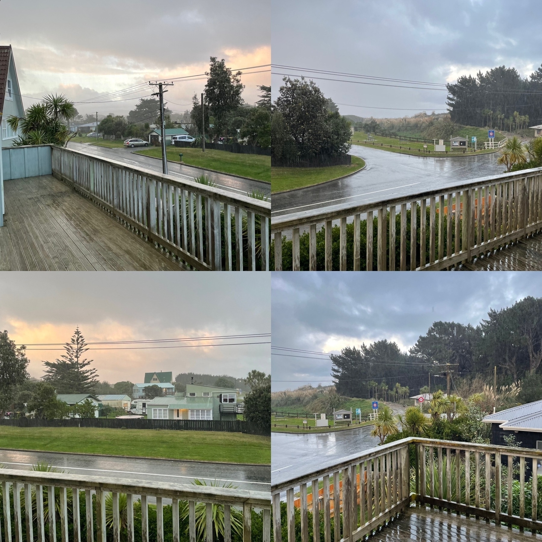 Collage of views from the deck at Hōkio beach showing rain, clouds but also morning light in hues of pink, gold and blue throughout. 