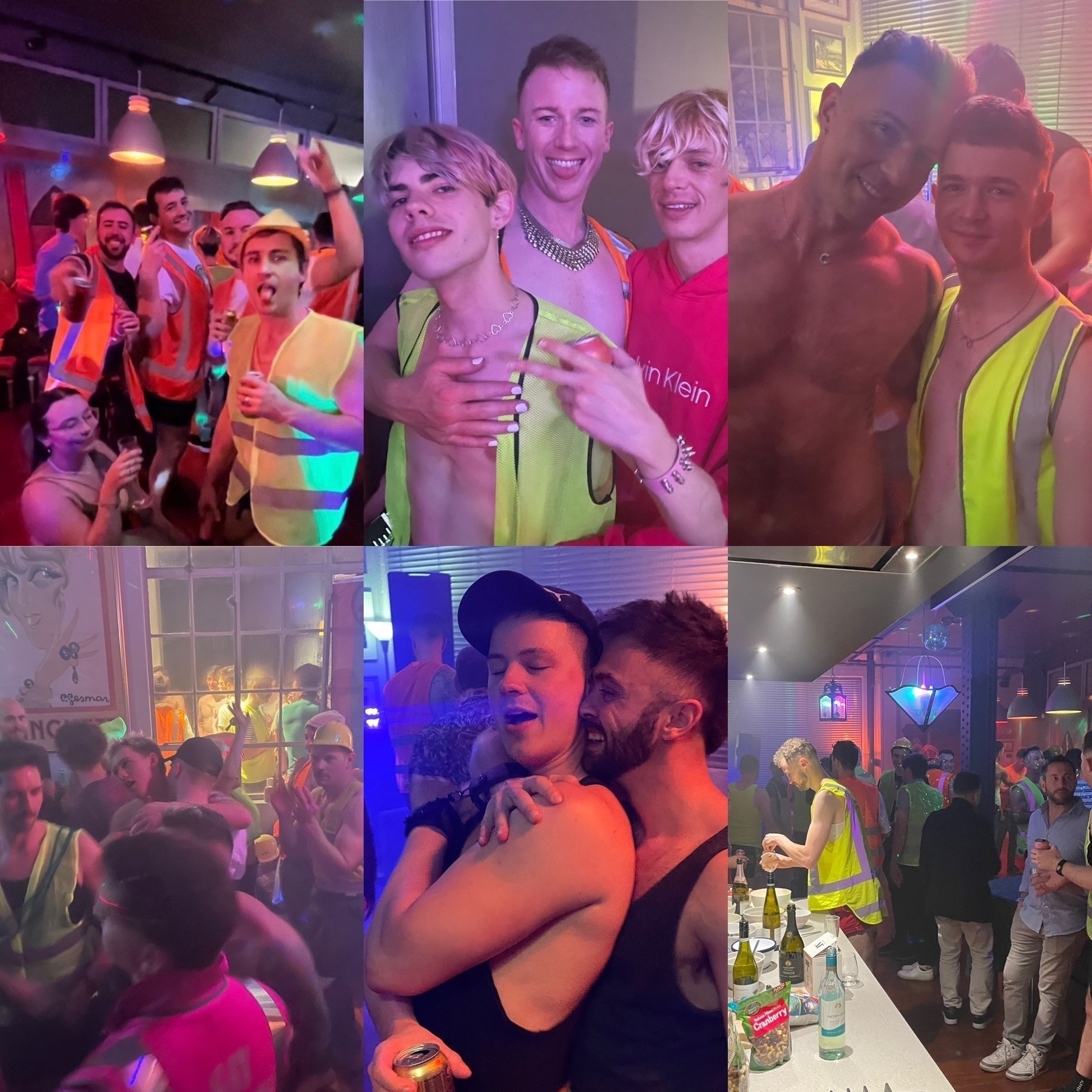 Collage of a house party with many people wearing bright fluro colours 