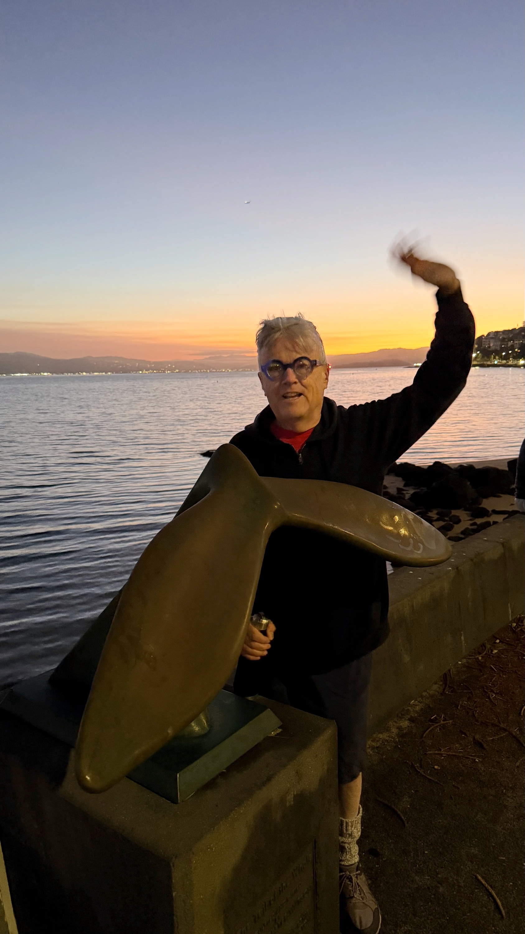 Bill waving a dawn besid the Whale Tail scupture at Oriental Bay. The ‘rosy-fingered dawn’ is visible behind him.