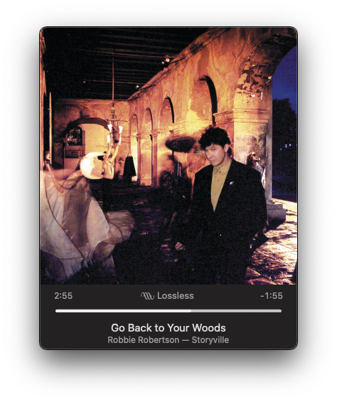 The image shows an album cover for Go Back to Your Woods by Robbie Robertson with a dark, moody scene featuring two people in a dimly lit, arched hallway.