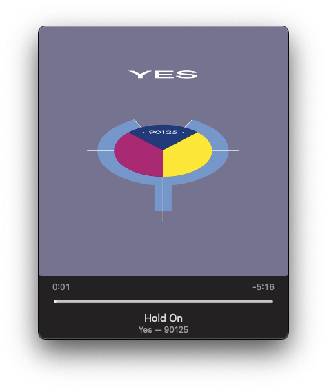 It is an album cover with an abstract geometric design and the song Hold On by Yes playing.