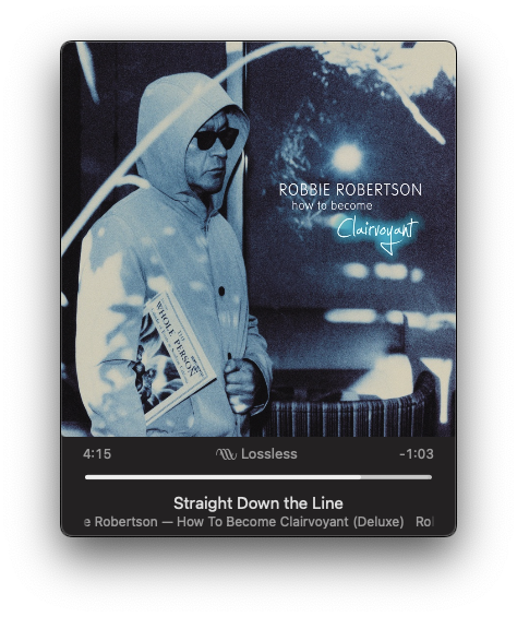 A person wearing sunglasses and a hooded jacket is holding a newspaper, with text indicating a music track titled Straight Down the Line by Robbie Robertson from the album How to Become Clairvoyant.