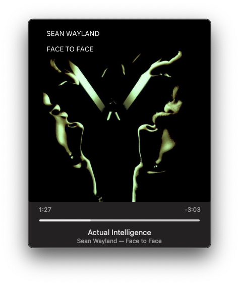 A digital music player interface displays the song Face to Face by Sean Wayland from the album Actual Intelligence, featuring abstract artwork.