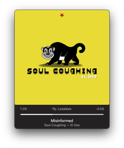 A music player displays the album cover for El Oso by Soul Coughing, showcasing a stylized cartoon bear and the track Misinformed.