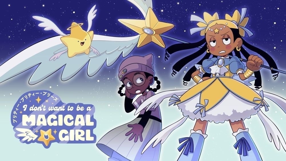 An image showing two girls of color, one dressed as a magical girl holding a giant, winged star staff and the other in a simple dress. There is also a winged star creature and a goofy smile on its face floating nearby. The logo in the corner reads “I don’t want to be a Magical Girl in stylized text with Japanese characters arcing over the top left corner. 