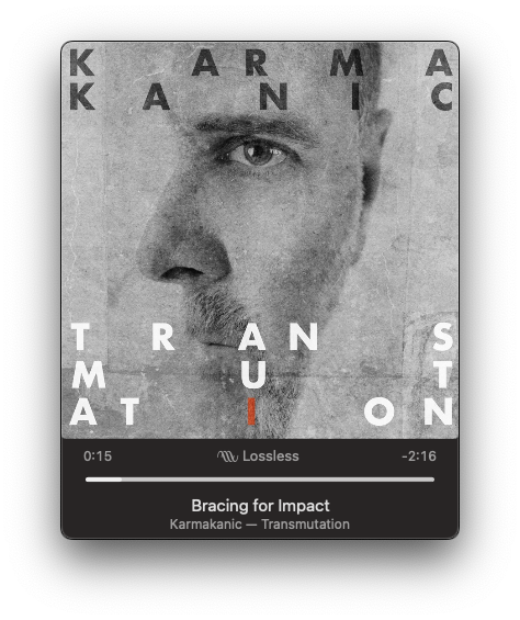 An album cover for Transmutation by Karmakanic features a grayscale image of a person's face, with music controls displayed at the bottom.