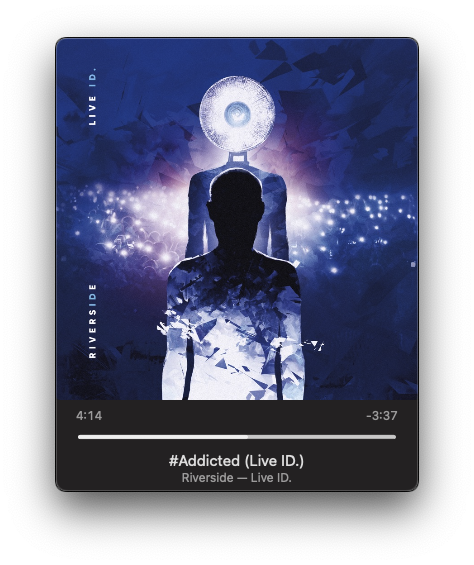 A silhouetted figure faces a luminous circle against a cosmic, abstract background, with text indicating it's a music album cover for #Addicted (Live ID.) by Riverside.