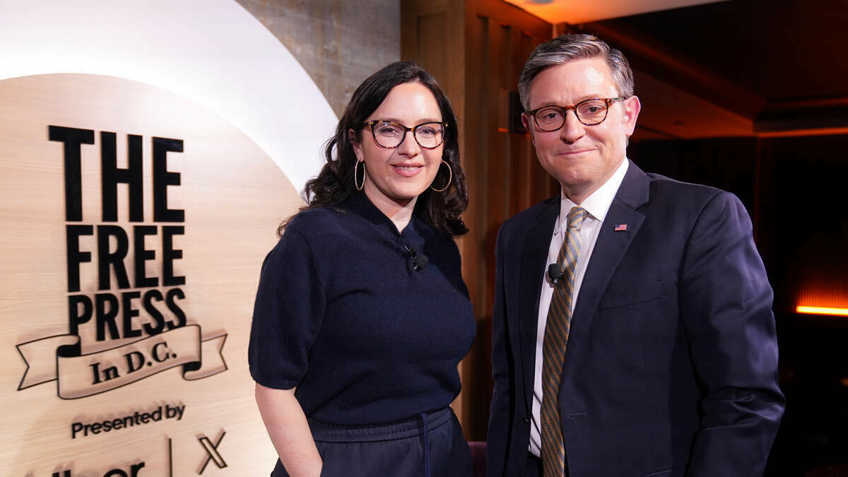 Bari Weiss (L) and House Speaker Mike Johnson (R).