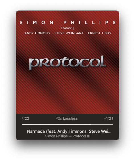 A music player interface displays Narmada by Simon Phillips, featuring Andy Timmons, Steve Weingart, and Ernest Tibbs, from the album Protocol III.