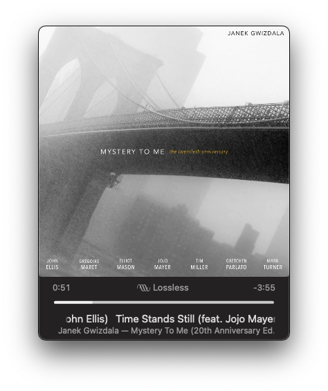 A misty, monochrome depiction of a suspension bridge with overlay text listing musicians, song titles, and album details.