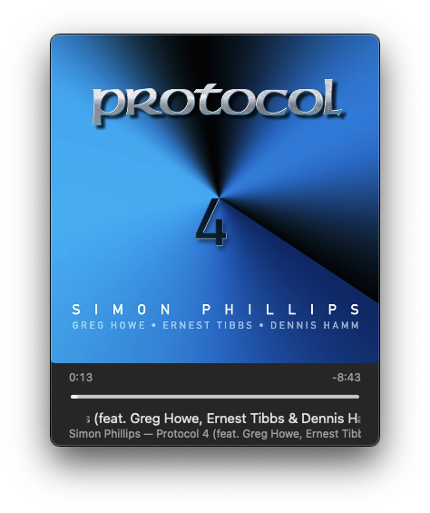 A music album cover titled Protocol 4 by Simon Phillips, featuring Greg Howe, Ernest Tibbs, and Dennis Hamm, with music playback information displayed below.