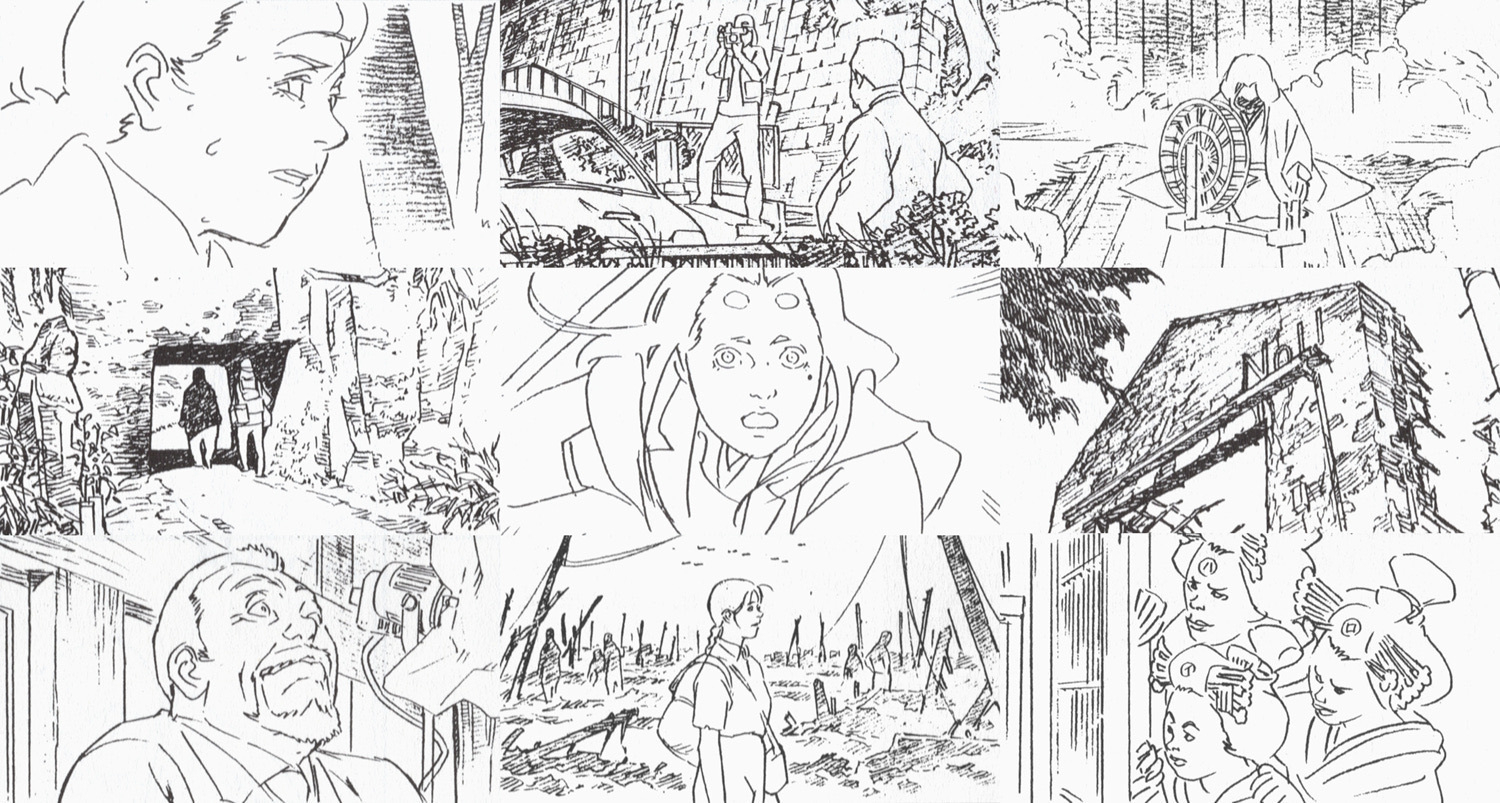 Here is a collection of panels illustrating director Satoshi Kon’s storyboarding technique. The style is very detailed and looks more like manga panels that just need a bit more polish as opposed to the rougher work typical of storyboards. 