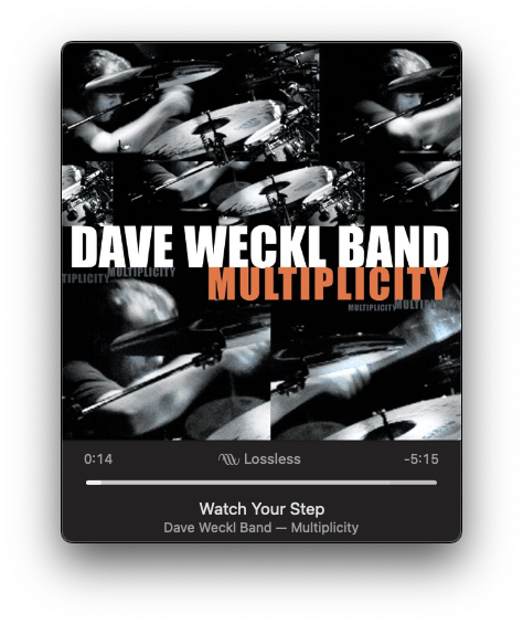 The image is an album cover for Multiplicity by the Dave Weckl Band, featuring a collage of a drummer and the track Watch Your Step playing.