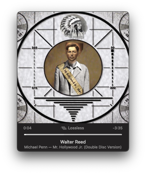 An album cover featuring a vintage test pattern design with a sepia-toned portrait of a person in the center, overlaid with a music player interface displaying a song titled Walter Reed by Michael Penn.